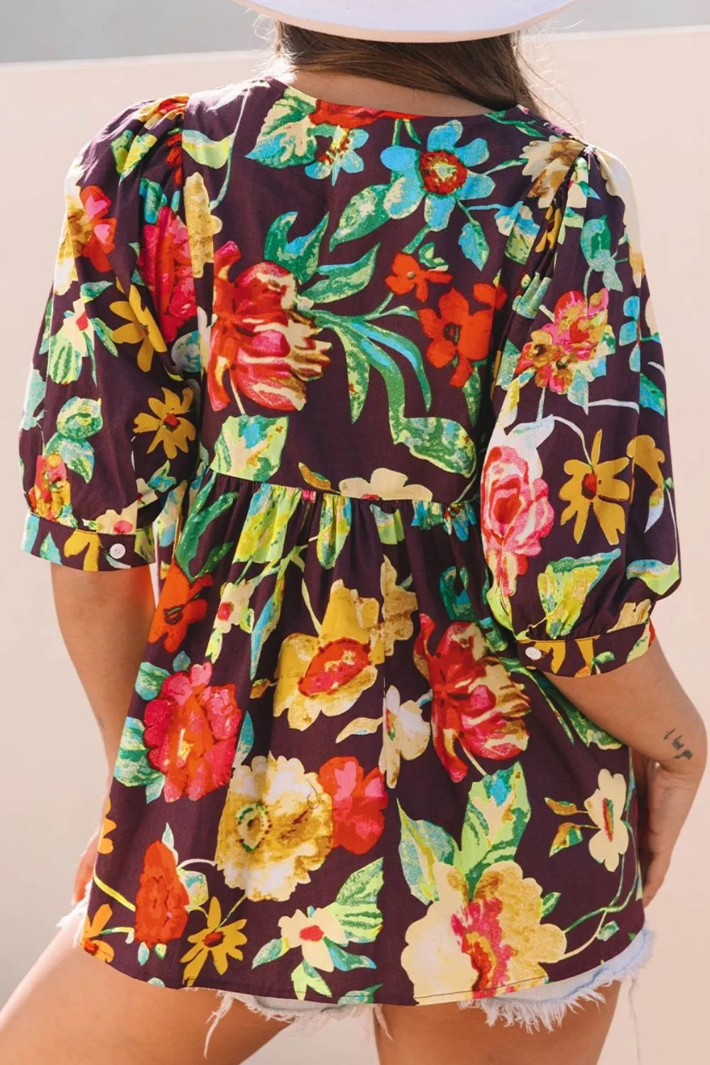 Flower Embroidered Trim Half Sleeve Blouse - Velora Luxury Fashion