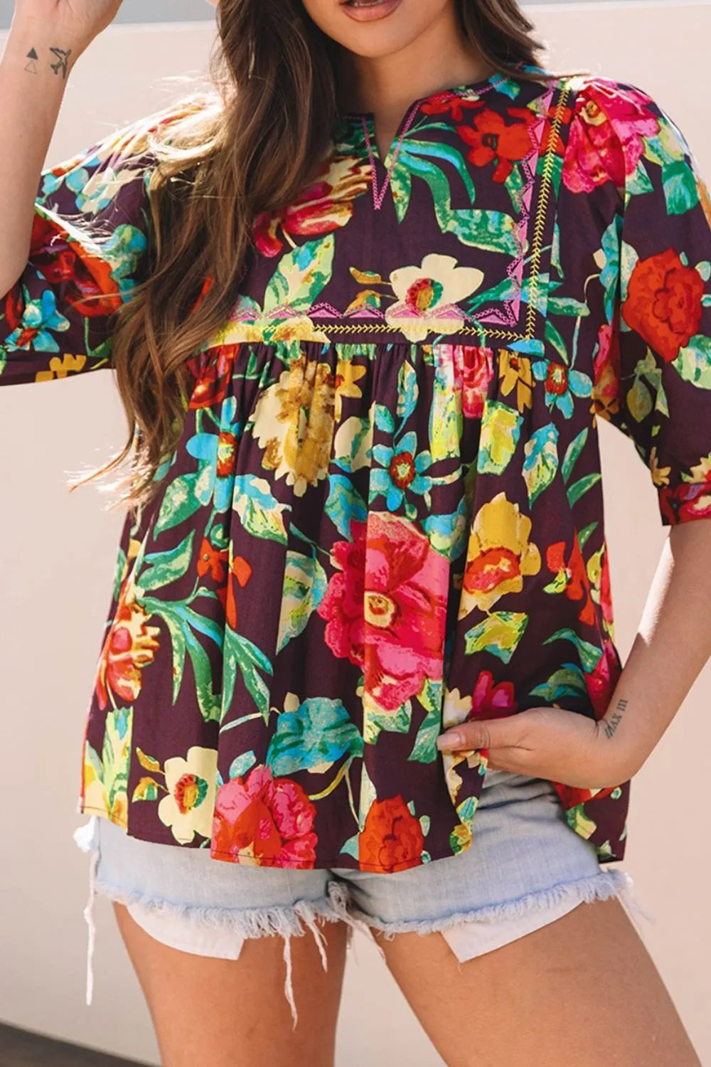 Flower Embroidered Trim Half Sleeve Blouse - Velora Luxury Fashion
