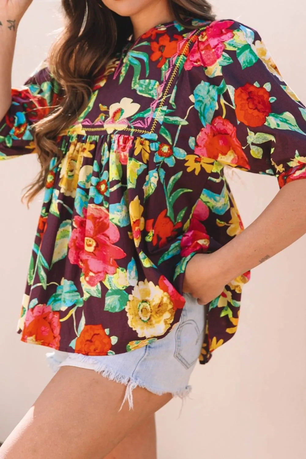 Flower Embroidered Trim Half Sleeve Blouse - Velora Luxury Fashion