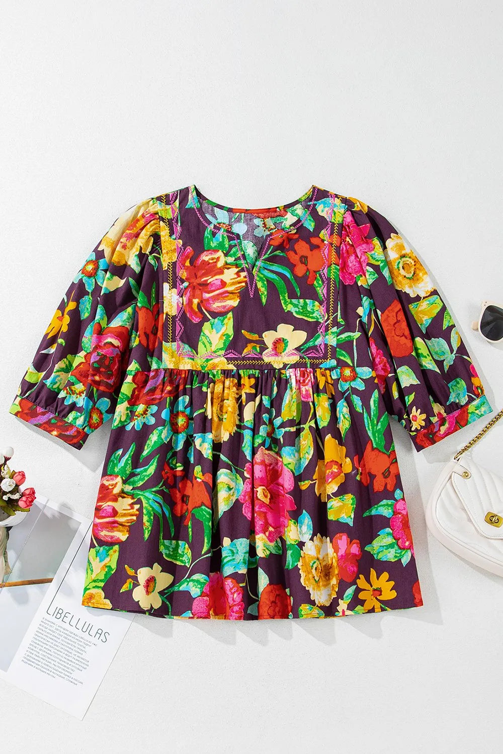 Flower Embroidered Trim Half Sleeve Blouse - Velora Luxury Fashion