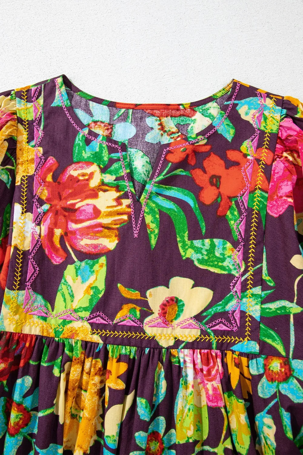 Flower Embroidered Trim Half Sleeve Blouse - Velora Luxury Fashion