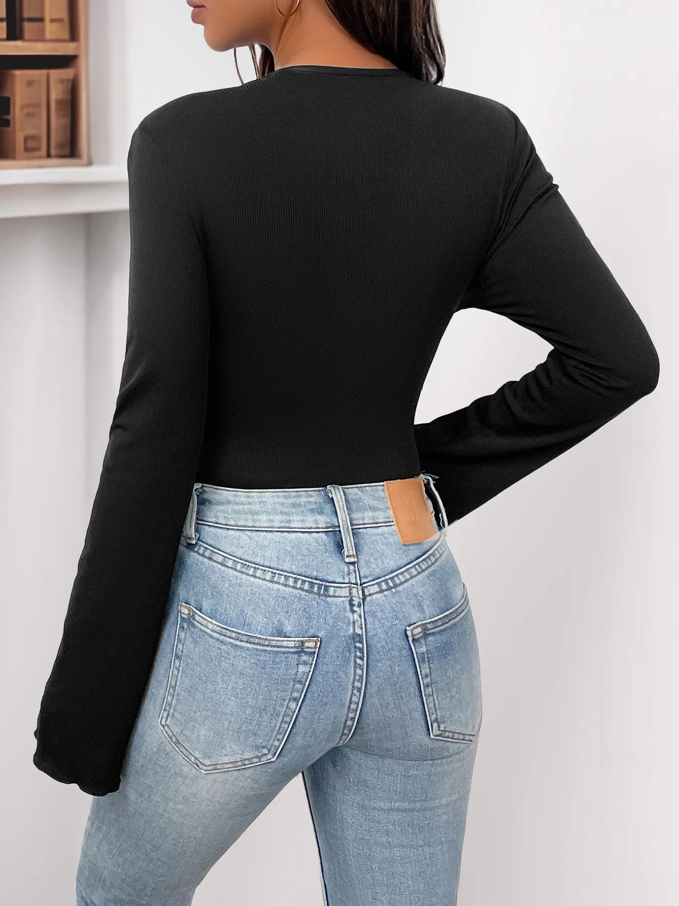 Flower Round Neck Long Sleeve Bodysuit - Velora Luxury Fashion