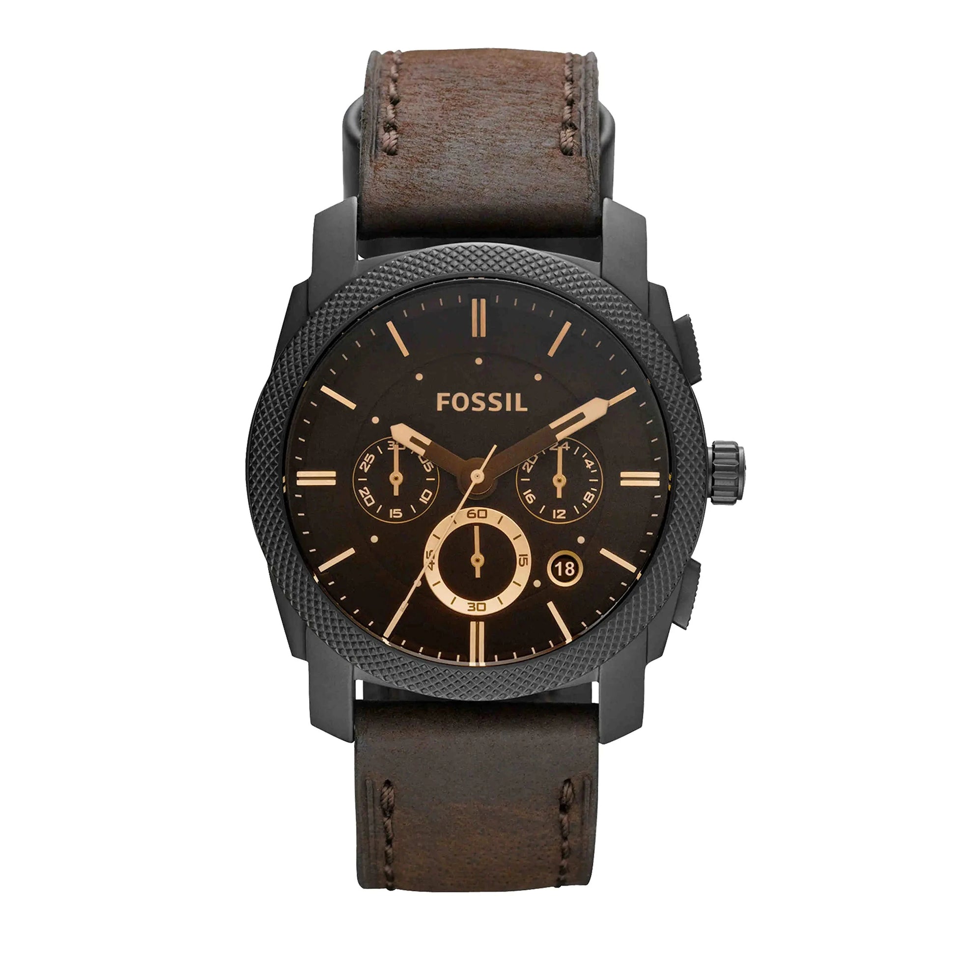 Fossil Mens Machine Quartz Stainless Steel and Leather Chronograph Watch Color: Black Dark Brown (Model: FS4656) - Velora Luxury Fashion