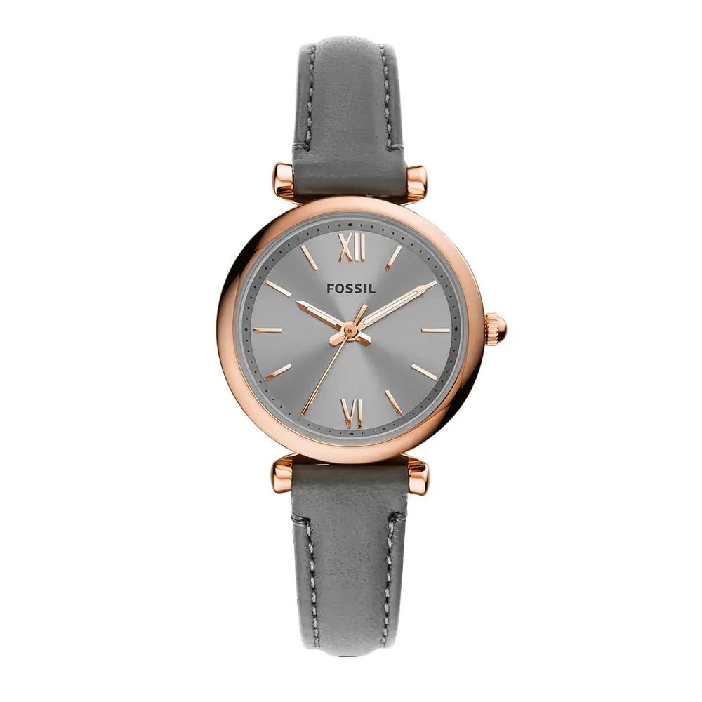Fossil Womens Carlie Mini Quartz Stainless Steel and Leather Watch Color: Rose Gold gray (Model: ES5068) - Velora Luxury Fashion