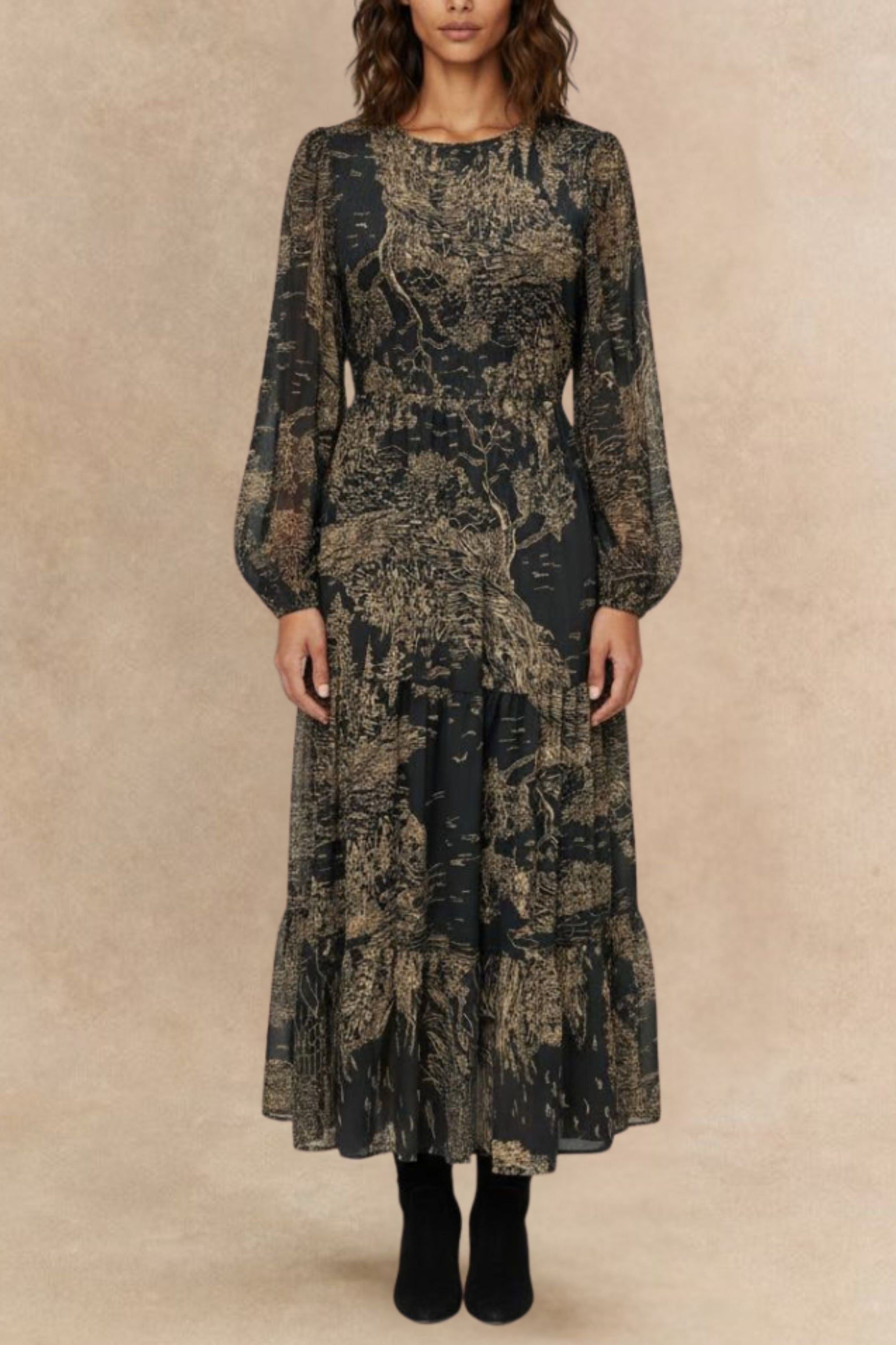 Francesca Women's Smocked Black Midi Dress Bronze Forest Print - Velora Luxury Fashion