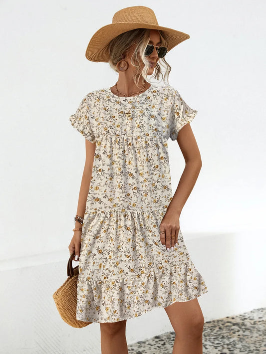 Frill Floral Round Neck Short Sleeve Tiered Dress - Velora