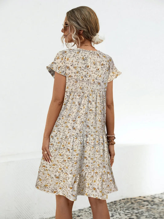 Frill Floral Round Neck Short Sleeve Tiered Dress - Velora