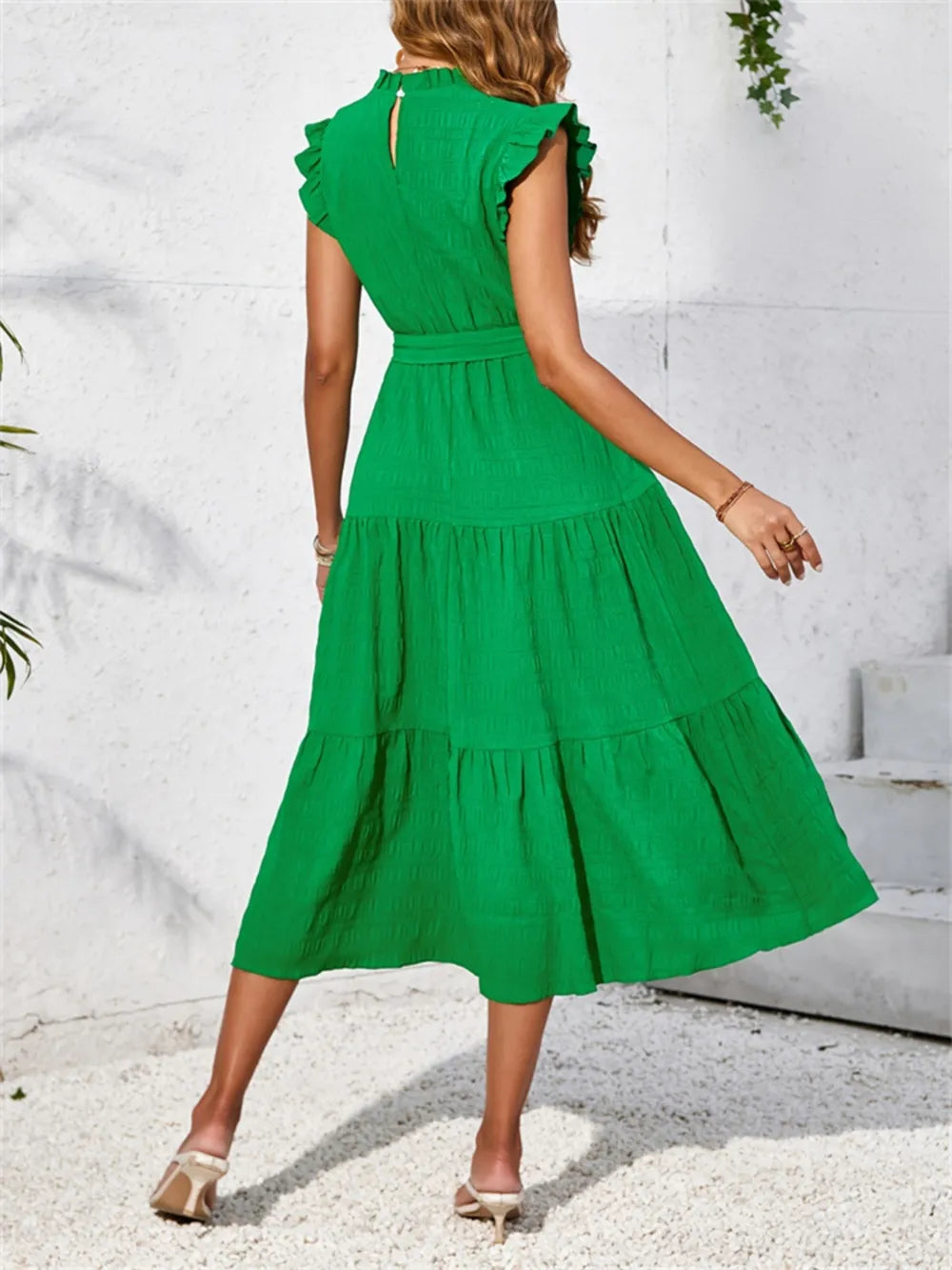 Frill Mock Neck Ruffled Cap Sleeve Midi Dress - Velora Luxury Fashion