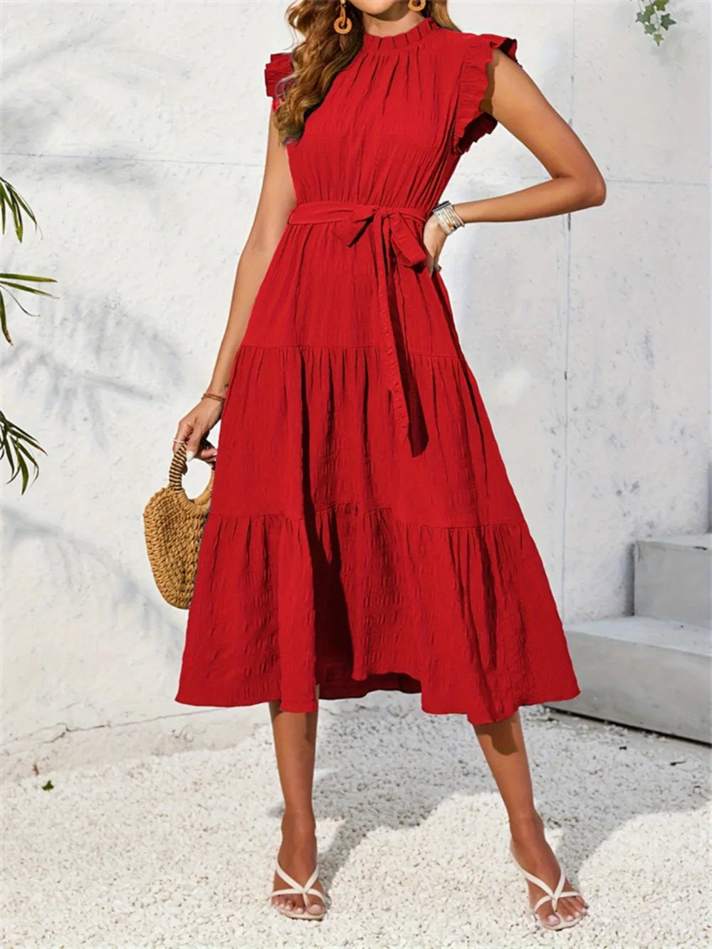 Frill Mock Neck Ruffled Cap Sleeve Midi Dress - Velora Luxury Fashion
