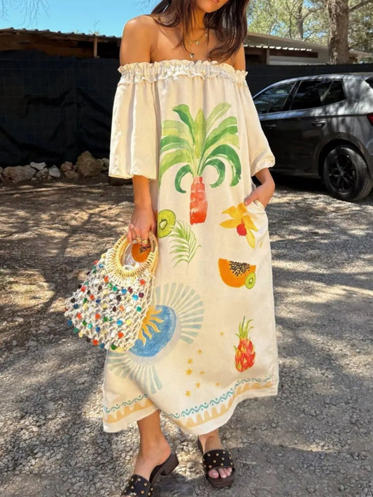 Frill Printed Off-Shoulder Dress - Velora Luxury Fashion