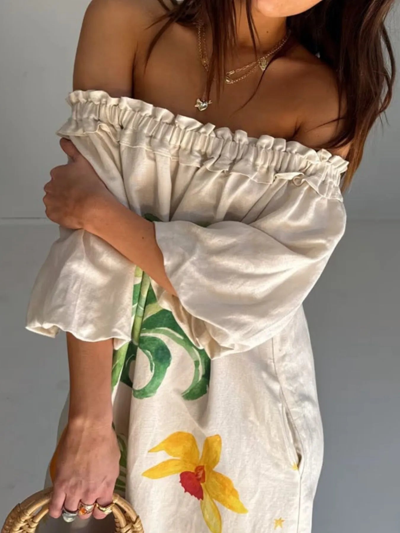 Frill Printed Off-Shoulder Dress - Velora Luxury Fashion