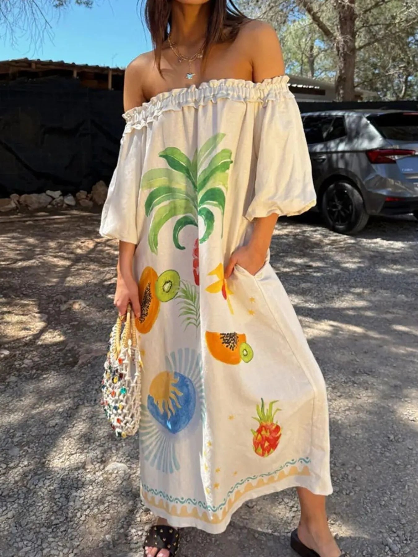 Frill Printed Off-Shoulder Dress - Velora Luxury Fashion