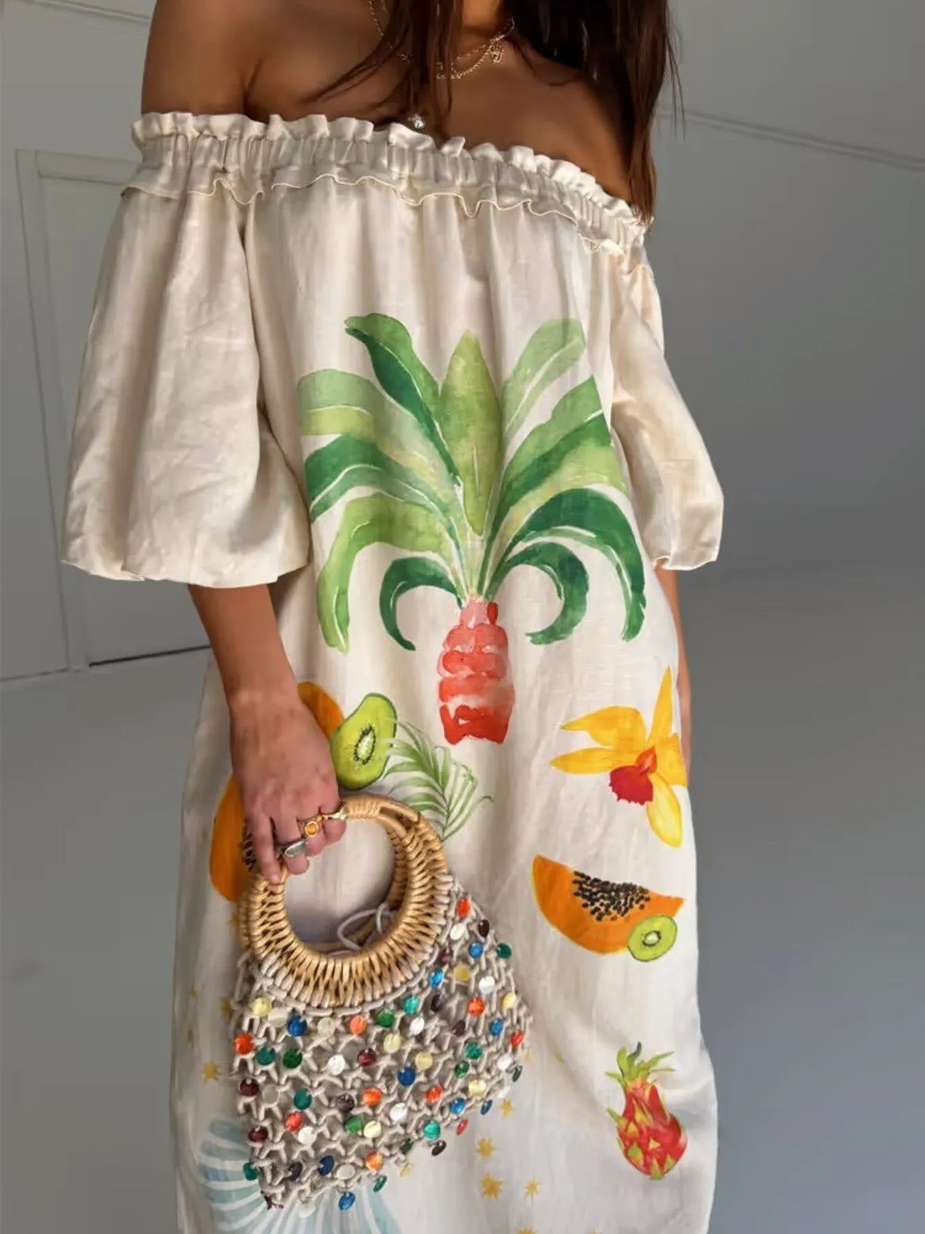 Frill Printed Off-Shoulder Dress - Velora Luxury Fashion