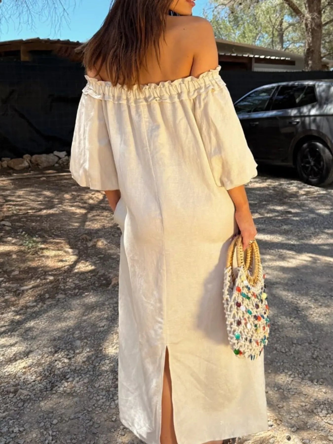 Frill Printed Off-Shoulder Dress - Velora Luxury Fashion