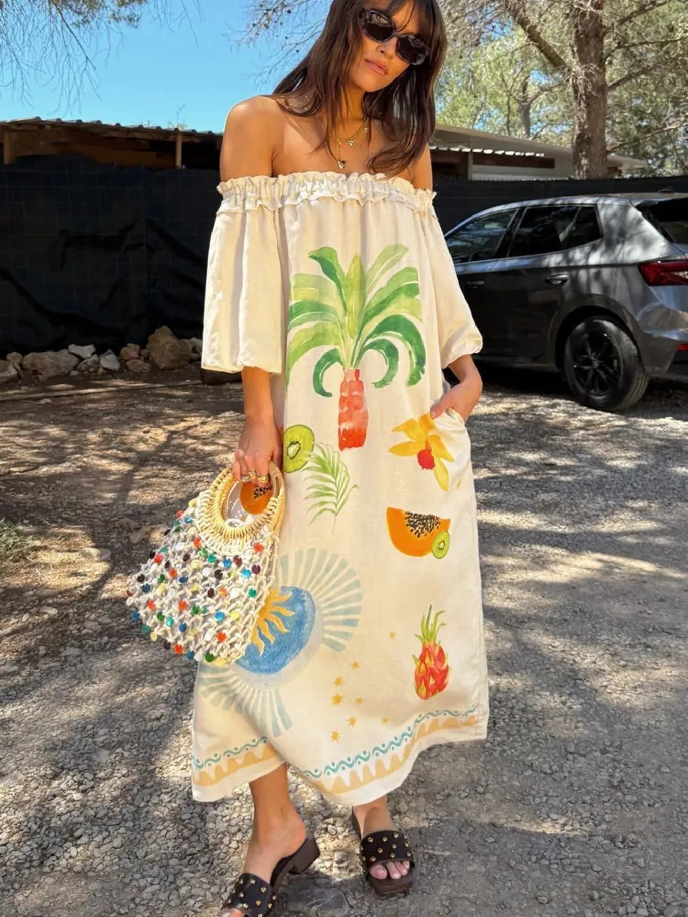 Frill Printed Off-Shoulder Dress - Velora Luxury Fashion