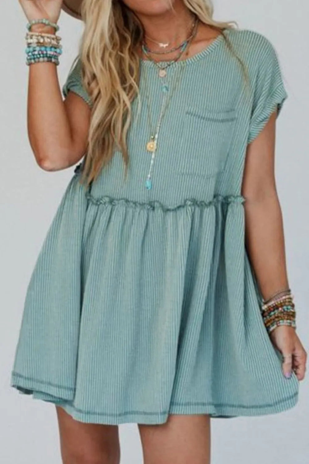 Frill Round Neck Cap Sleeve Mini Dress - Velora Luxury Fashion