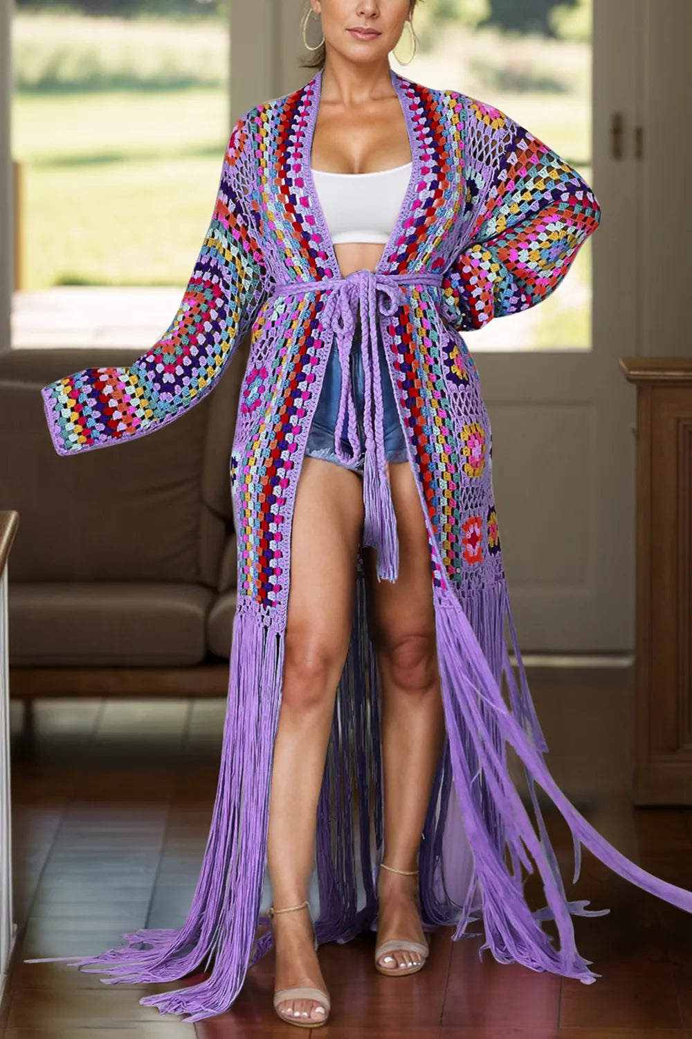 Fringe Tied Long Sleeve Cardigan - Velora Luxury Fashion