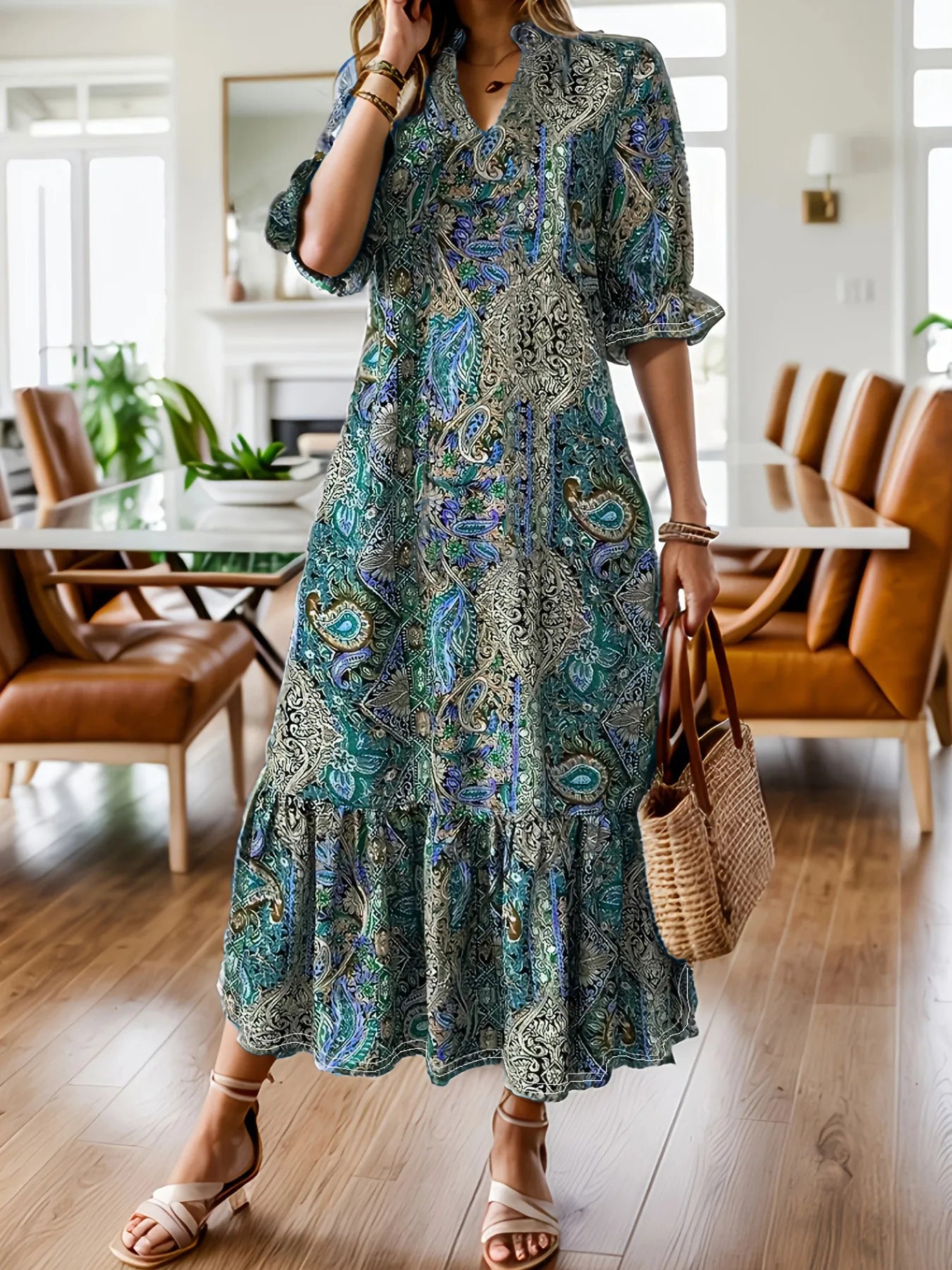 Full Size Bohemian Paisley Print Ruffle Hem Midi Dress Plus Size - Velora Luxury Fashion