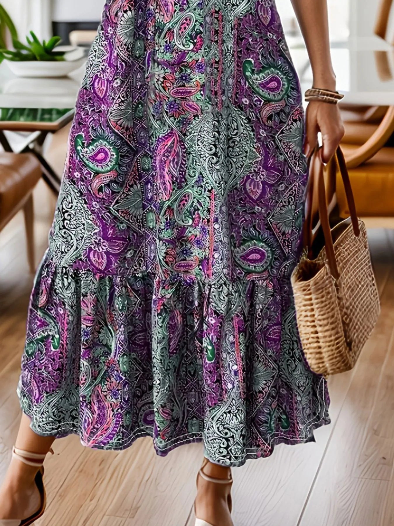 Full Size Bohemian Paisley Print Ruffle Hem Midi Dress Plus Size - Velora Luxury Fashion