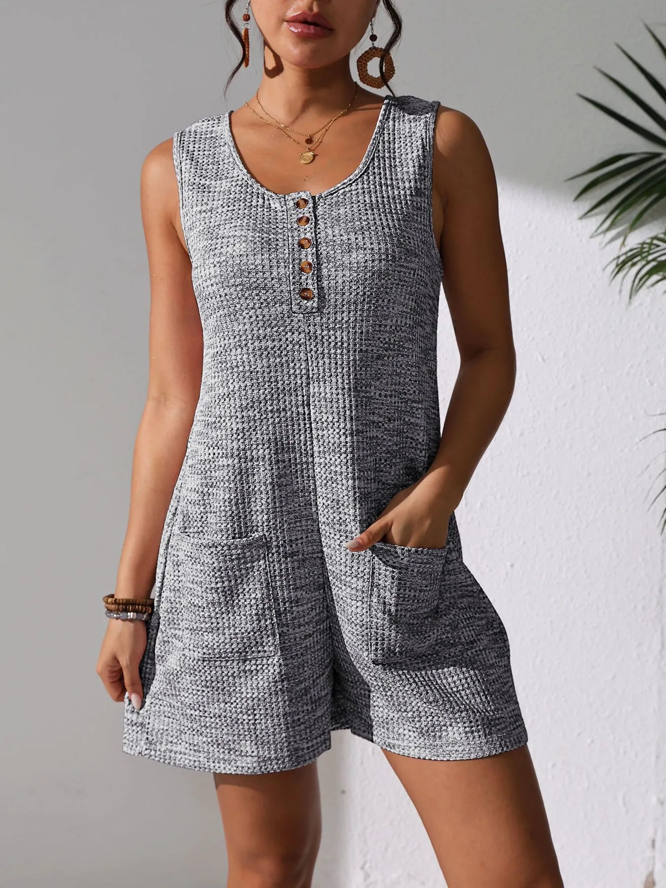 Full Size Button Front Romper with Pockets Plus Size - Velora Luxury Fashion