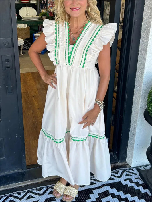 Full Size Contrast Trim Ruffled Cap Sleeve Dress Plus Size - Velora Luxury Fashion