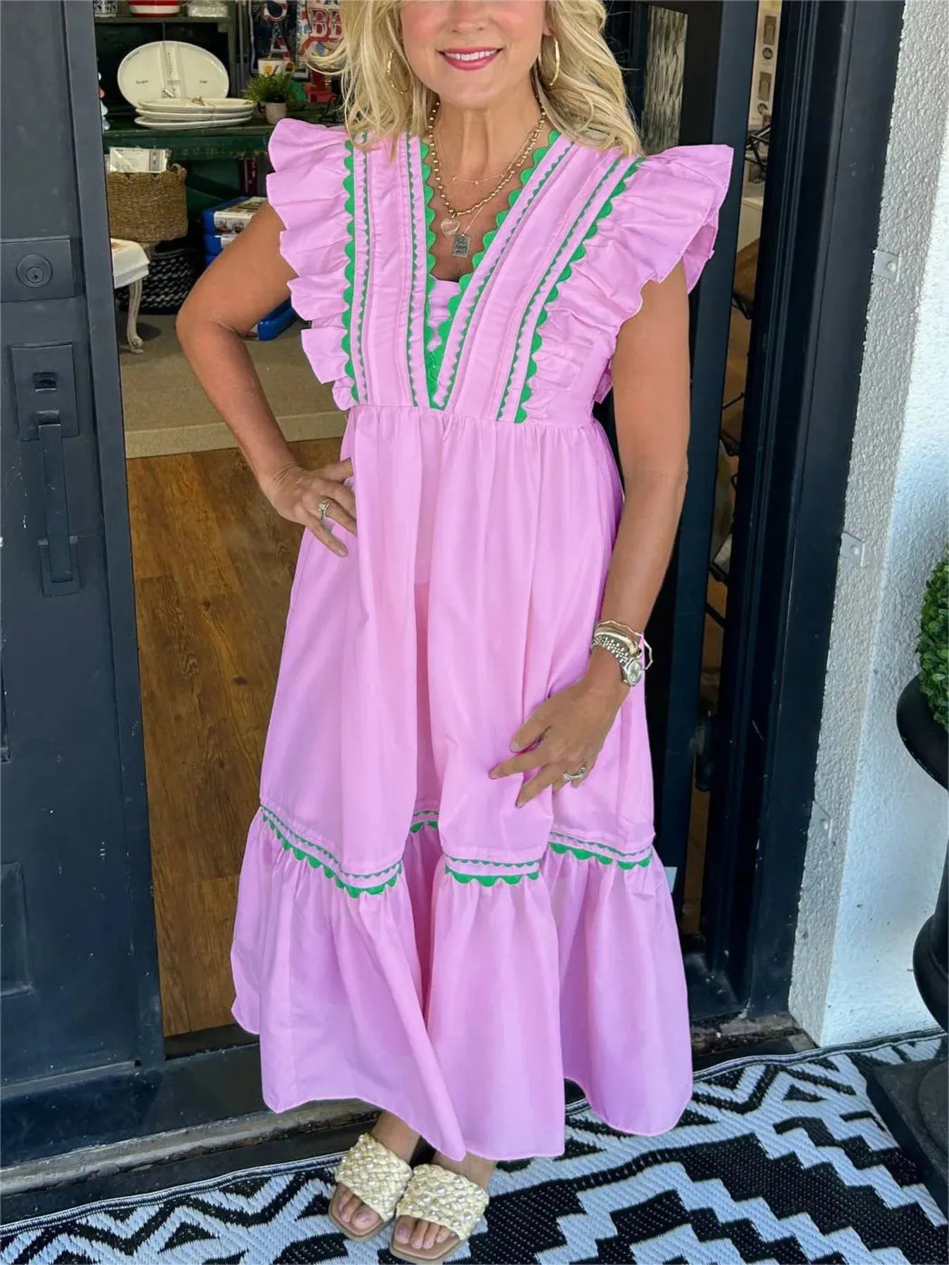 Full Size Contrast Trim Ruffled Cap Sleeve Dress Plus Size - Velora Luxury Fashion