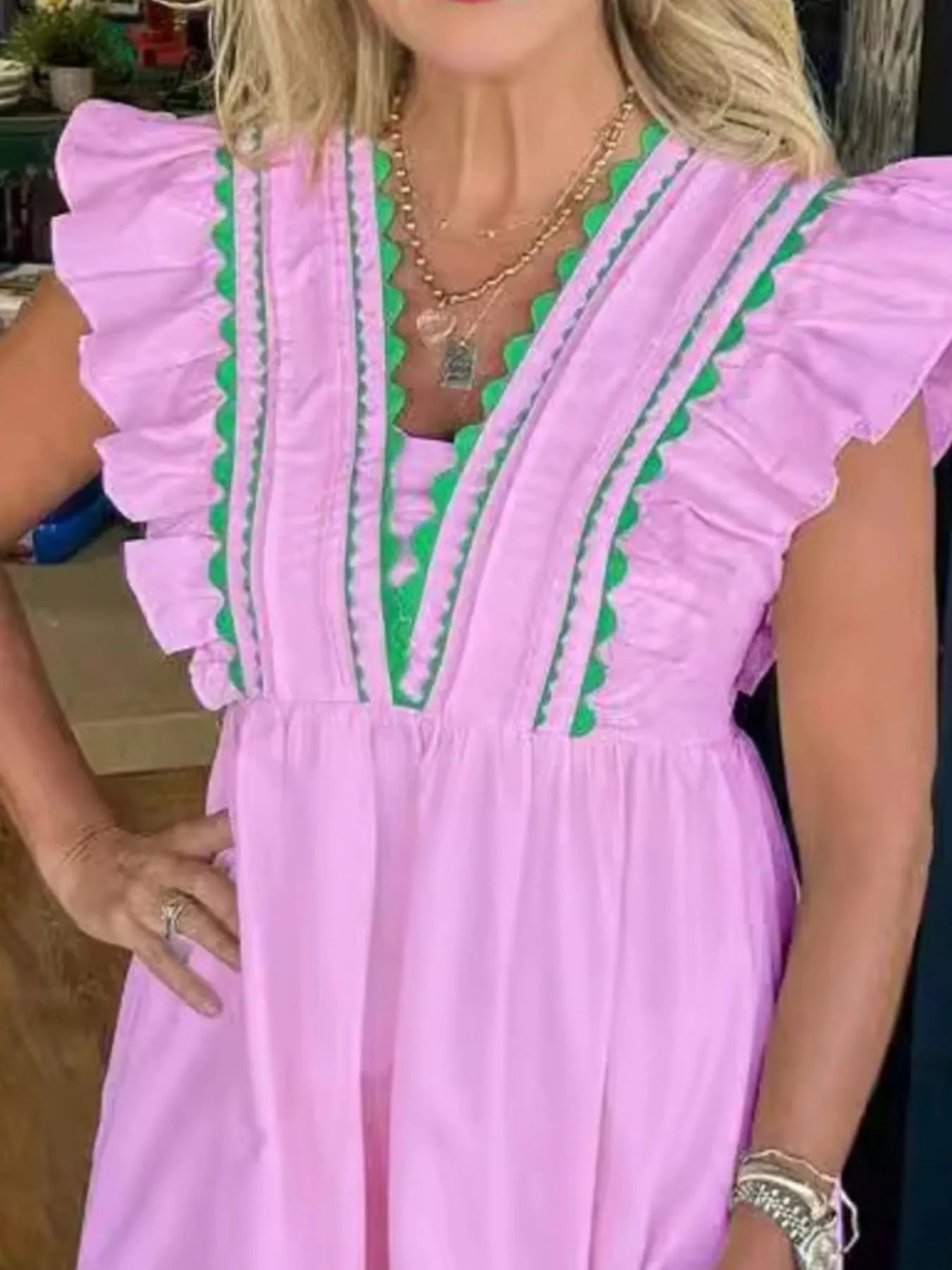 Full Size Contrast Trim Ruffled Cap Sleeve Dress Plus Size - Velora Luxury Fashion