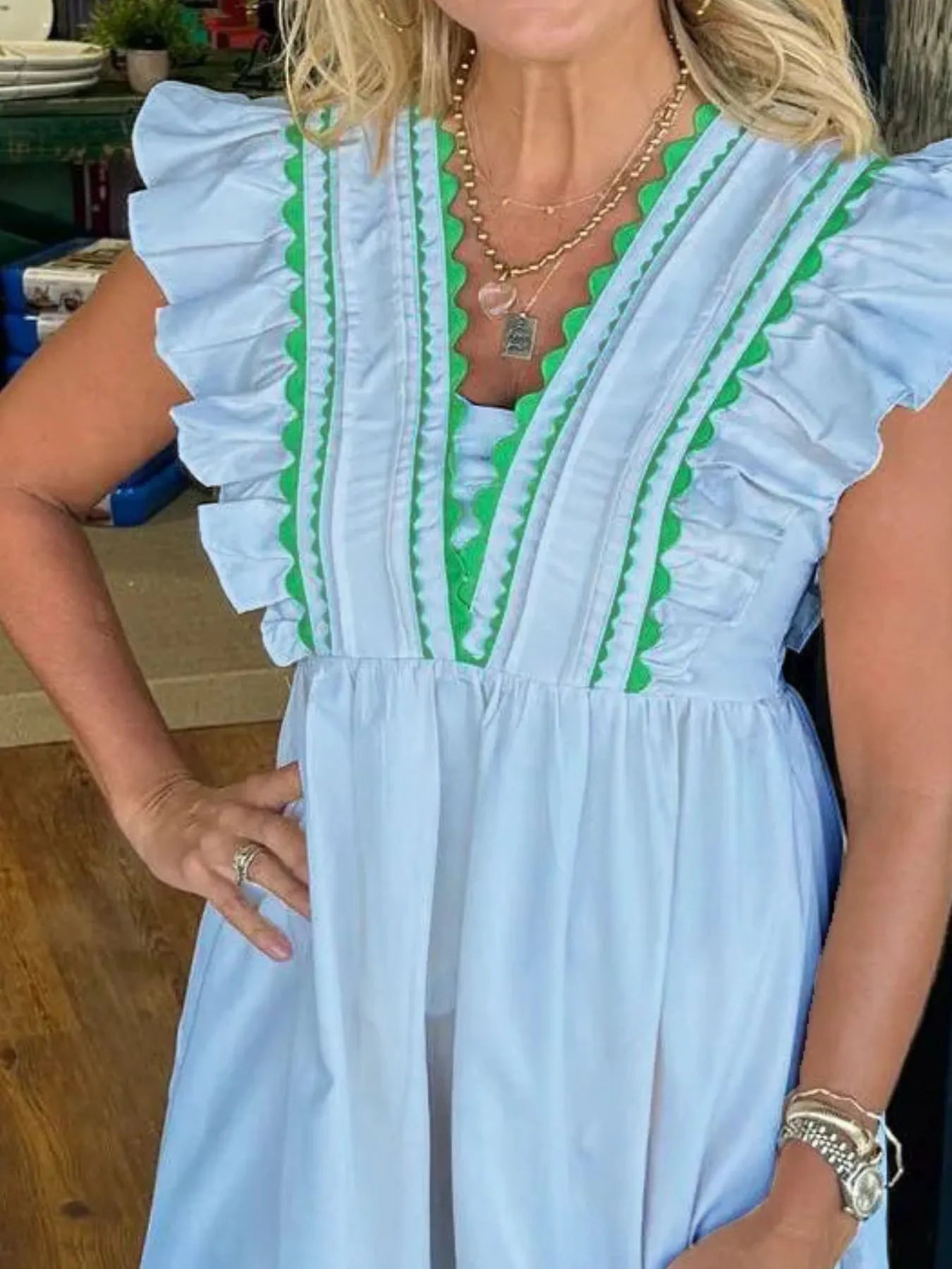 Full Size Contrast Trim Ruffled Cap Sleeve Dress Plus Size - Velora Luxury Fashion