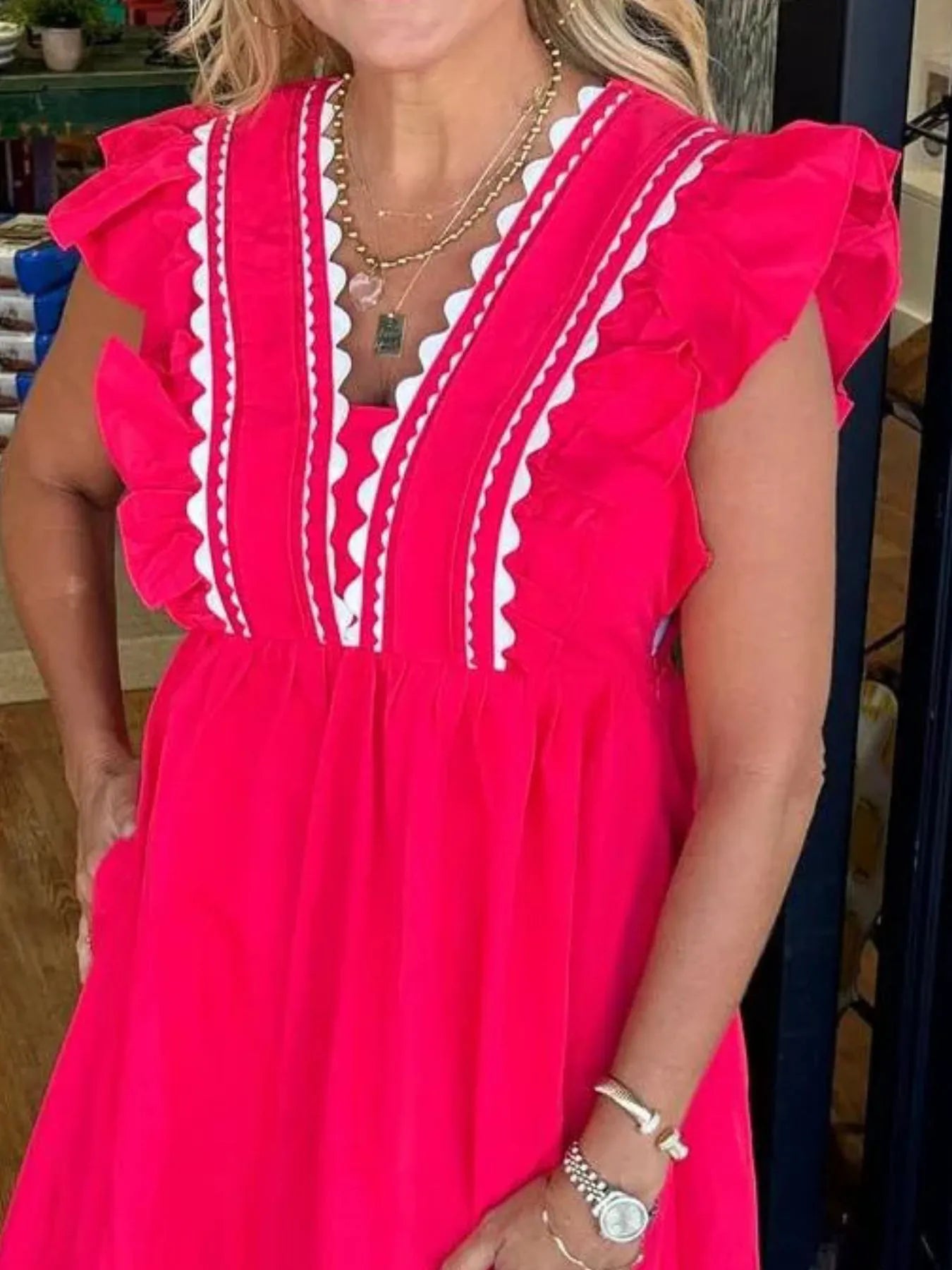 Full Size Contrast Trim Ruffled Cap Sleeve Dress Plus Size - Velora Luxury Fashion