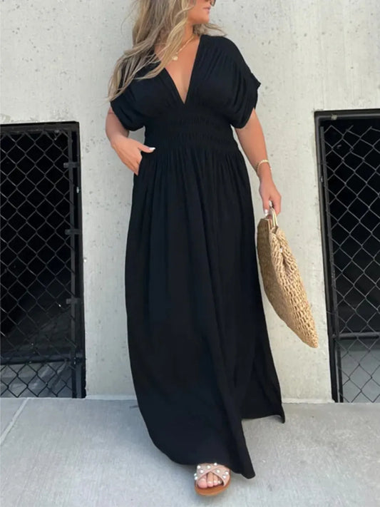 Full Size Deep V-Neck Maxi Dress with Side Slit Plus Size - Velora Luxury Fashion