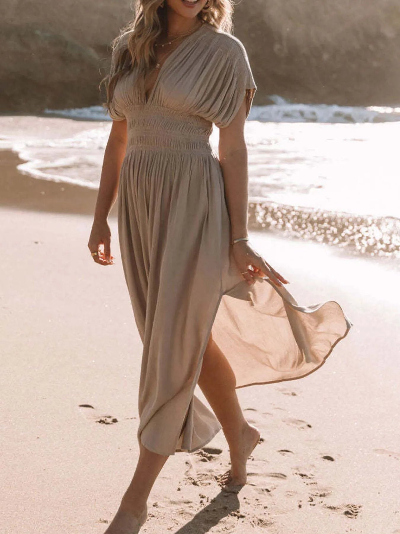 Full Size Deep V-Neck Maxi Dress with Side Slit Plus Size - Velora Luxury Fashion