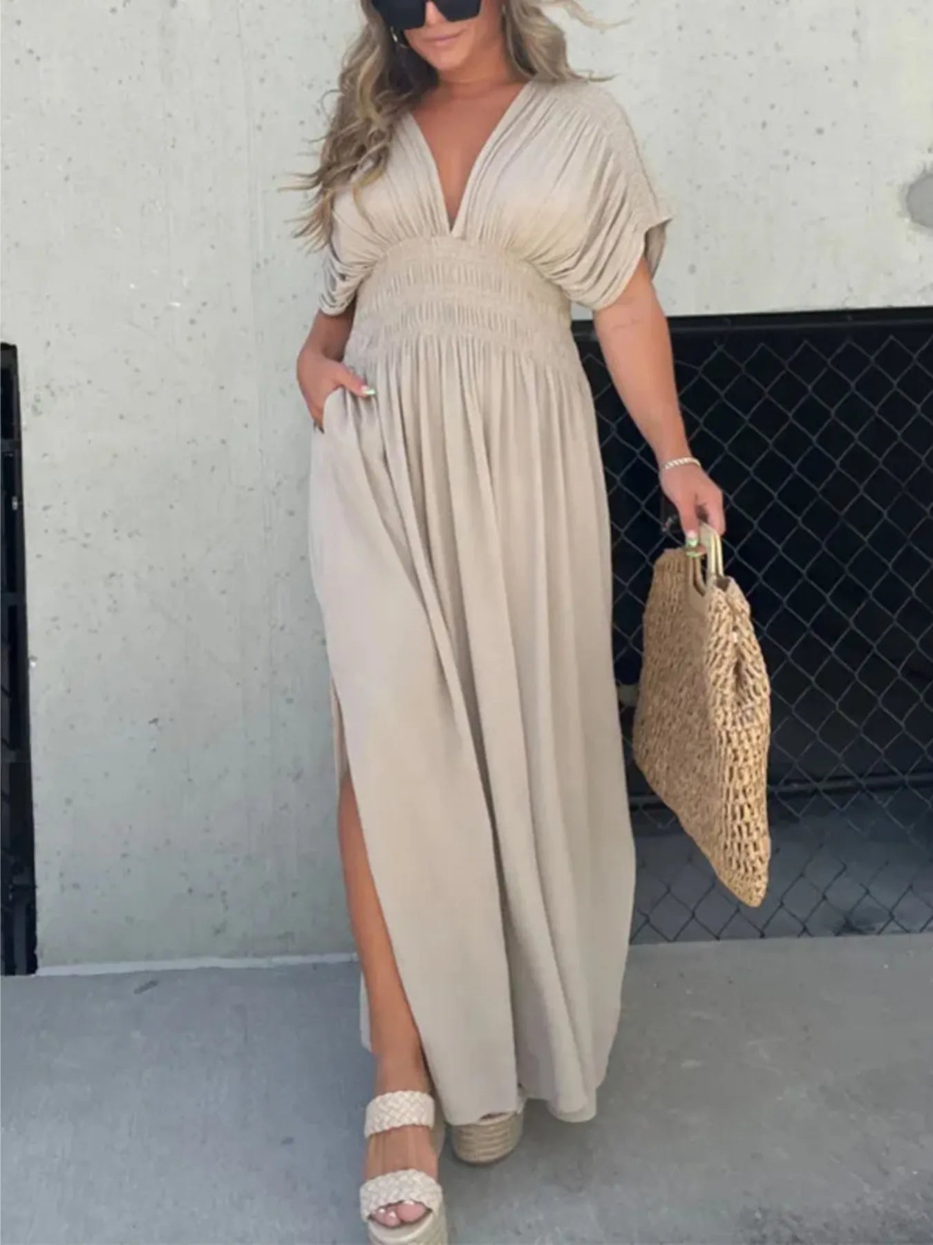 Full Size Deep V-Neck Maxi Dress with Side Slit Plus Size - Velora Luxury Fashion