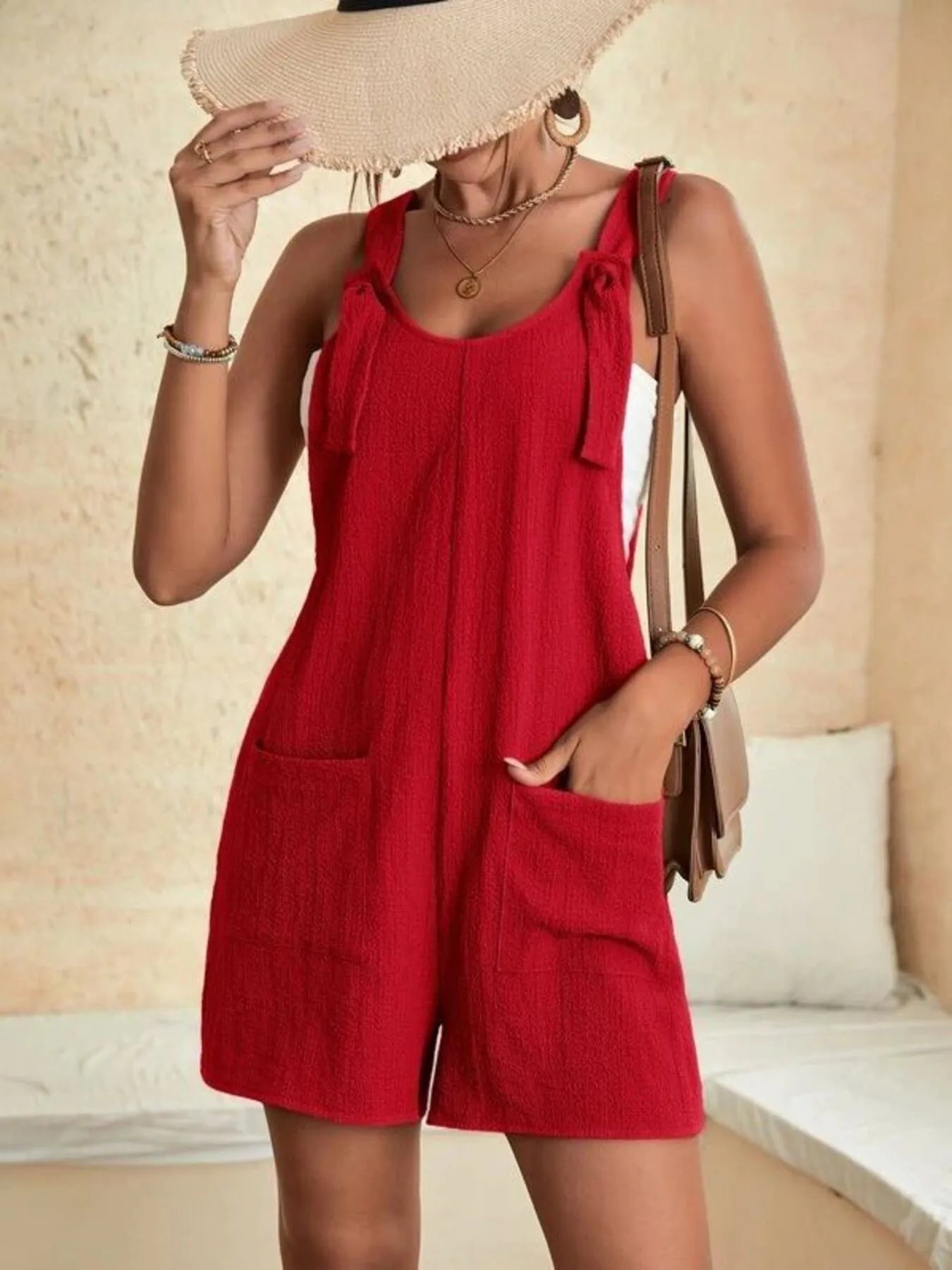 Full Size Knot Strap Romper with Pockets Plus Size - Velora Luxury Fashion