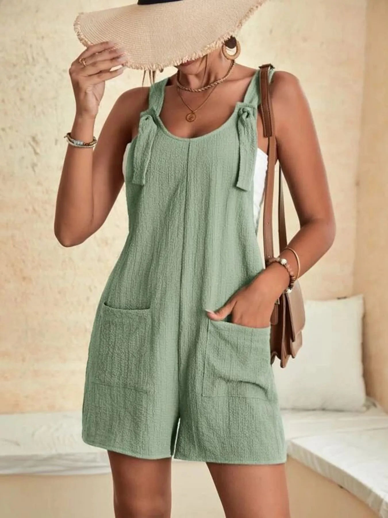 Full Size Knot Strap Romper with Pockets Plus Size - Velora Luxury Fashion