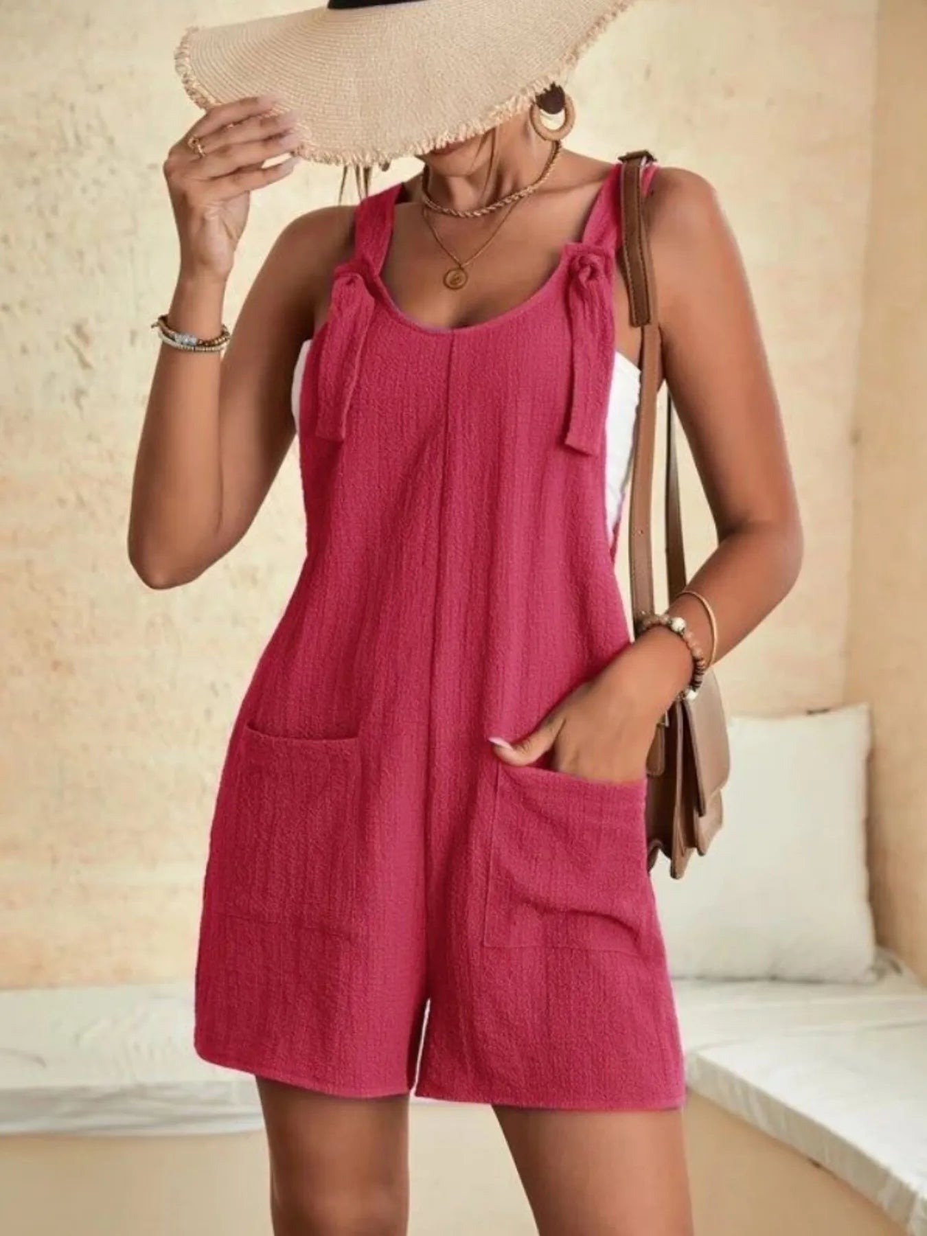 Full Size Knot Strap Romper with Pockets Plus Size - Velora Luxury Fashion