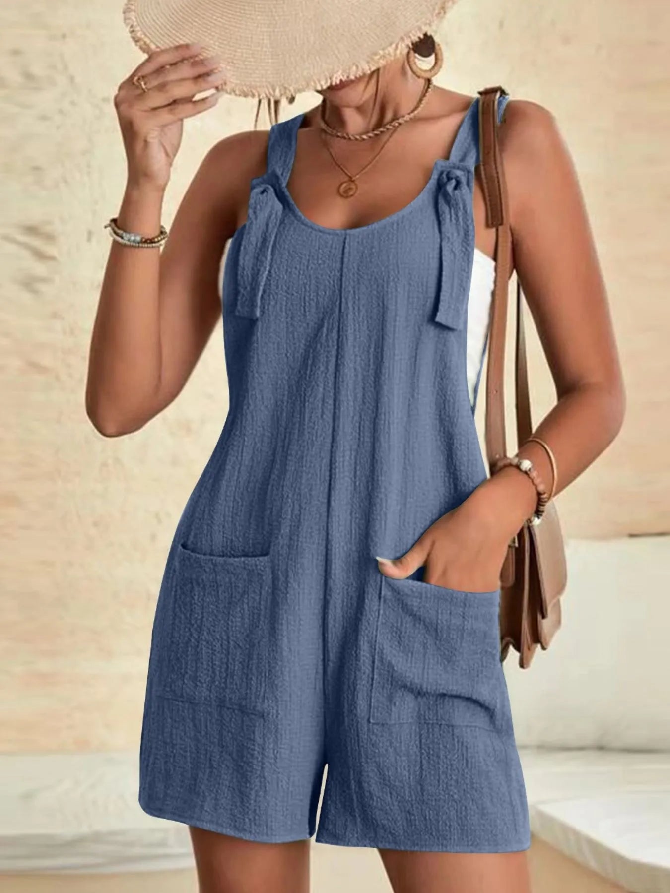Full Size Knot Strap Romper with Pockets Plus Size - Velora Luxury Fashion