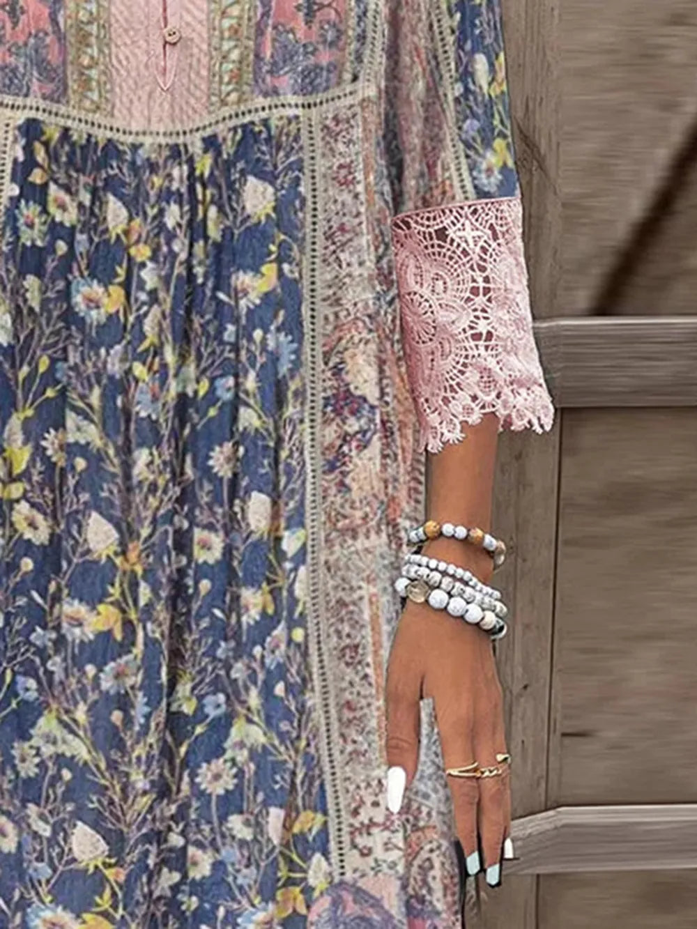 Full Size Lace Detail Printed Three-Quarter Sleeve Dress - Velora Luxury Fashion