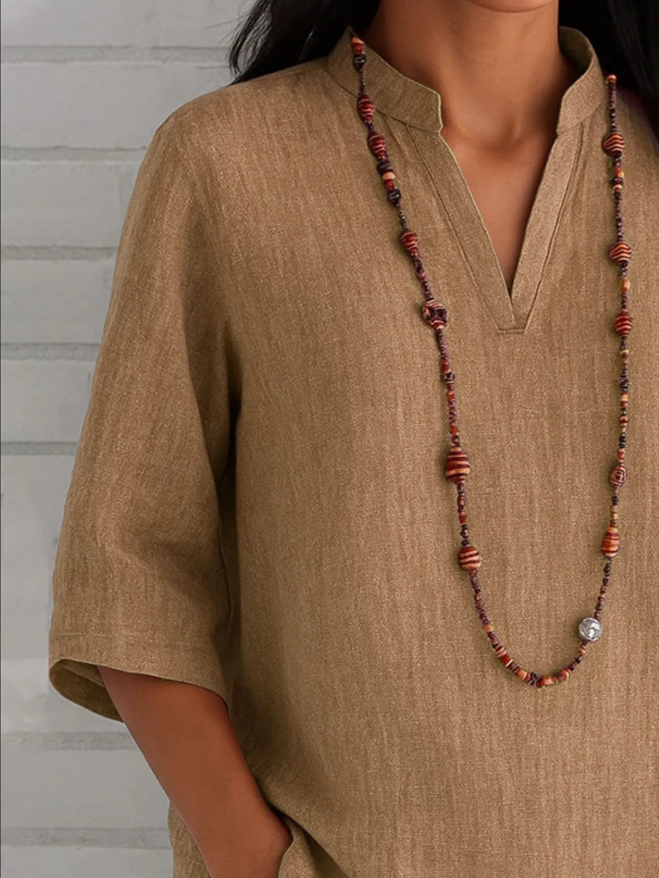 Full Size Notched Three-Quarter Sleeves Blouse Plus Size - Velora Luxury Fashion