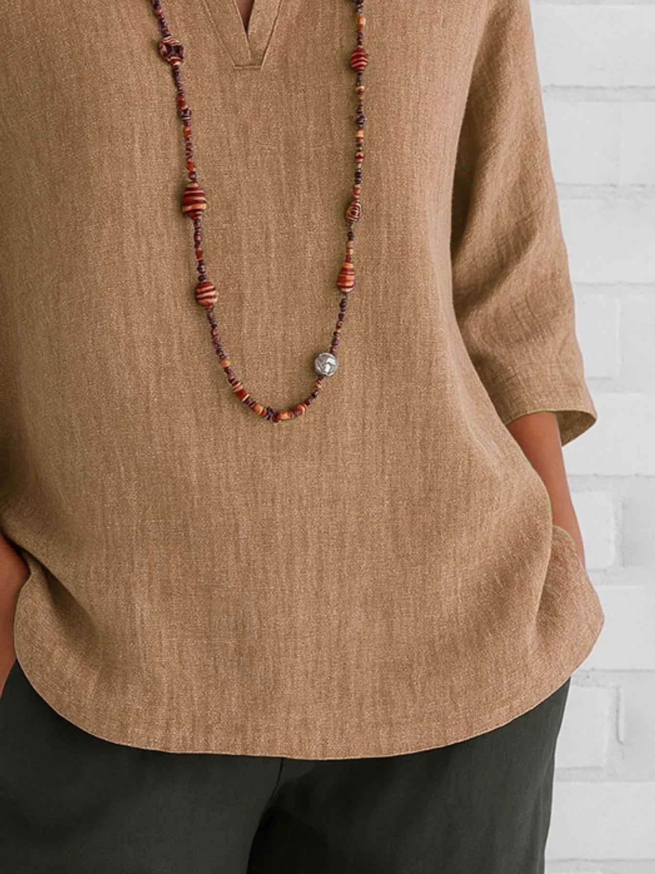 Full Size Notched Three-Quarter Sleeves Blouse Plus Size - Velora Luxury Fashion