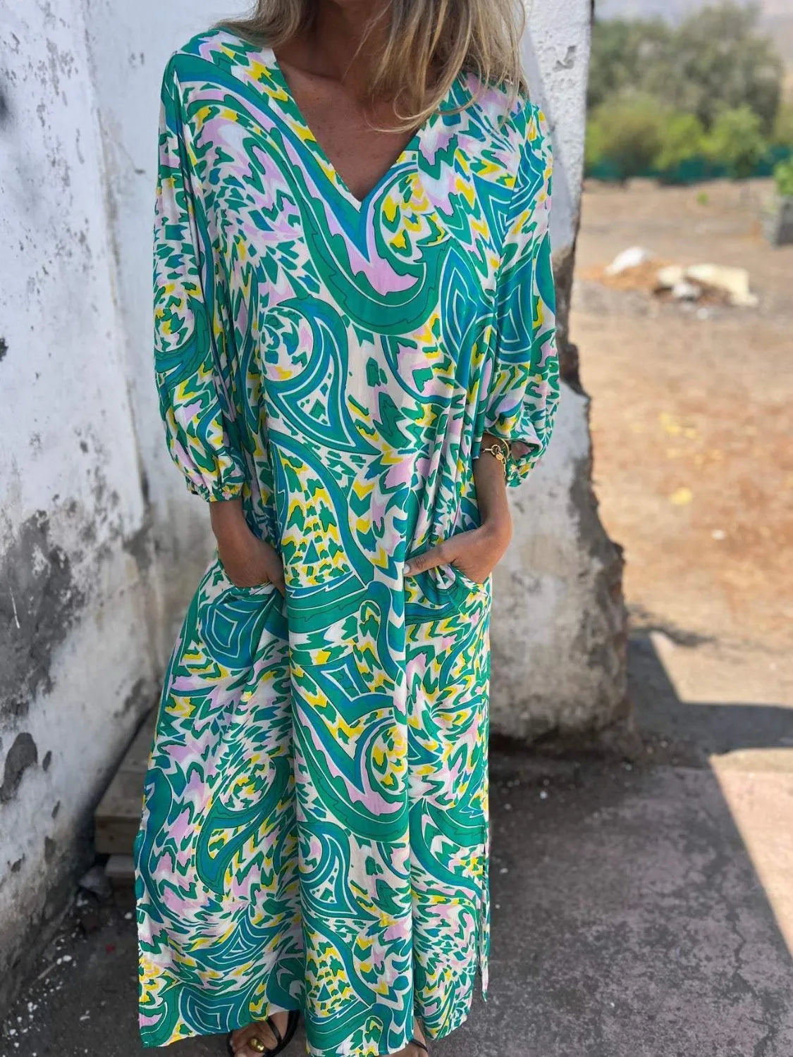 Full Size Printed V-Neck Dress with Pockets Plus Size - Velora Luxury Fashion