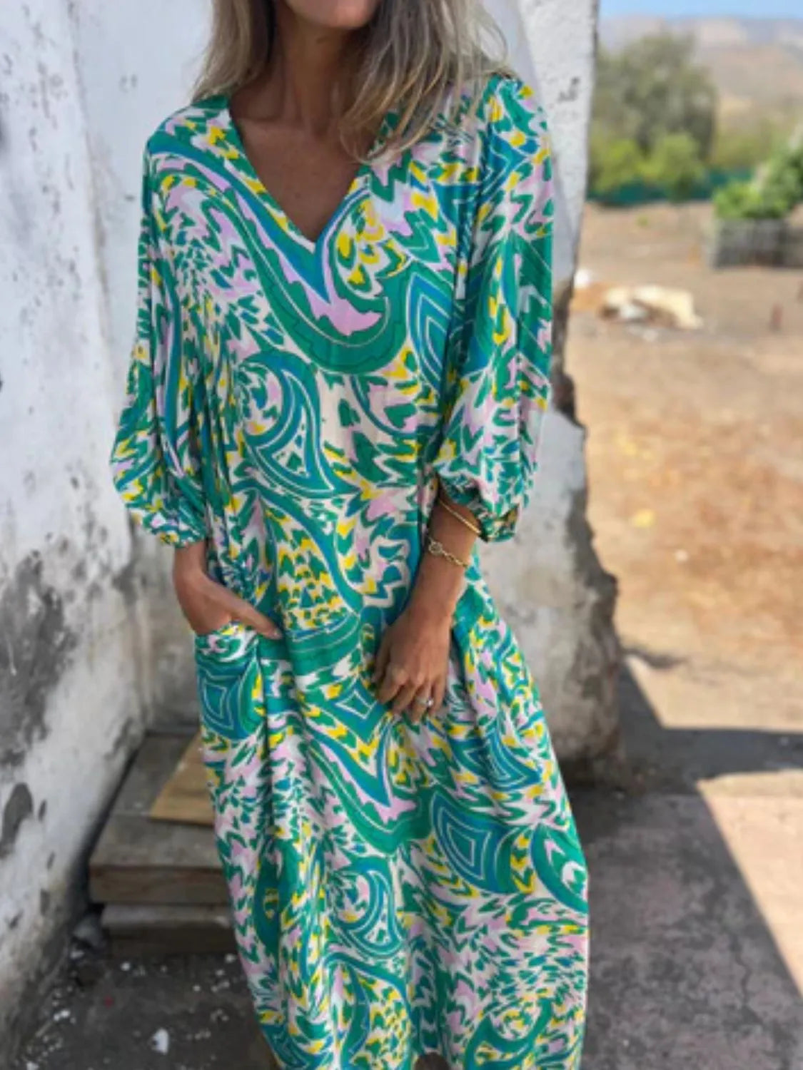 Full Size Printed V-Neck Dress with Pockets Plus Size - Velora Luxury Fashion