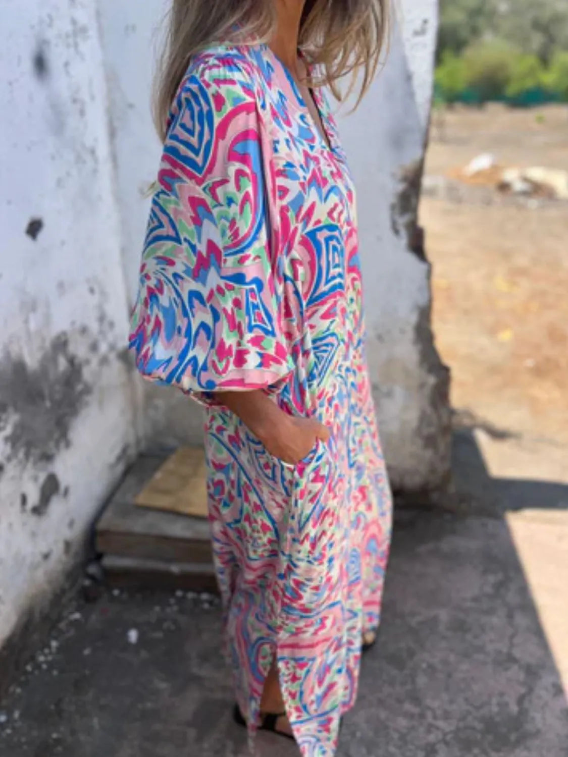 Full Size Printed V-Neck Dress with Pockets Plus Size - Velora Luxury Fashion