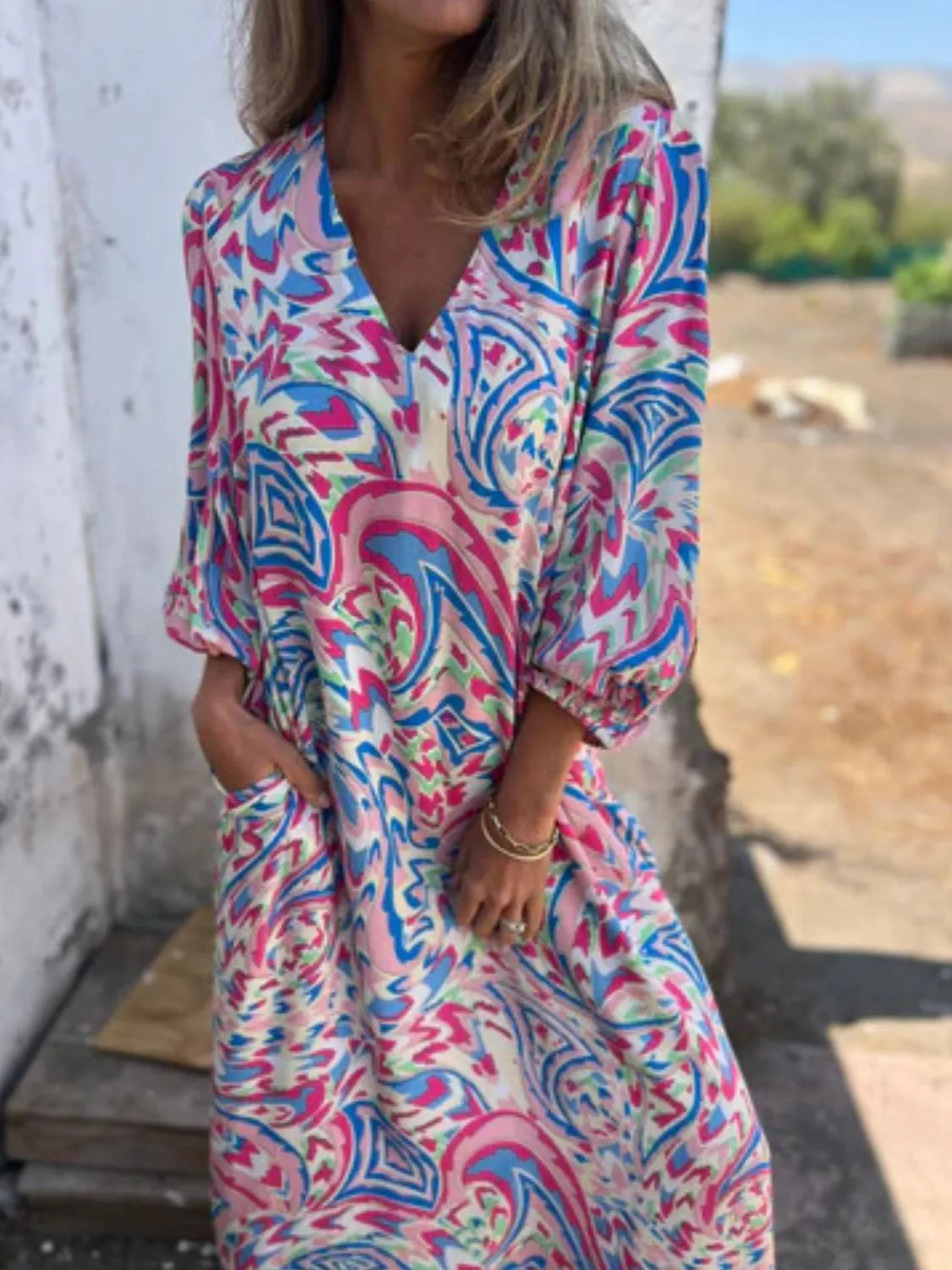 Full Size Printed V-Neck Dress with Pockets Plus Size - Velora Luxury Fashion