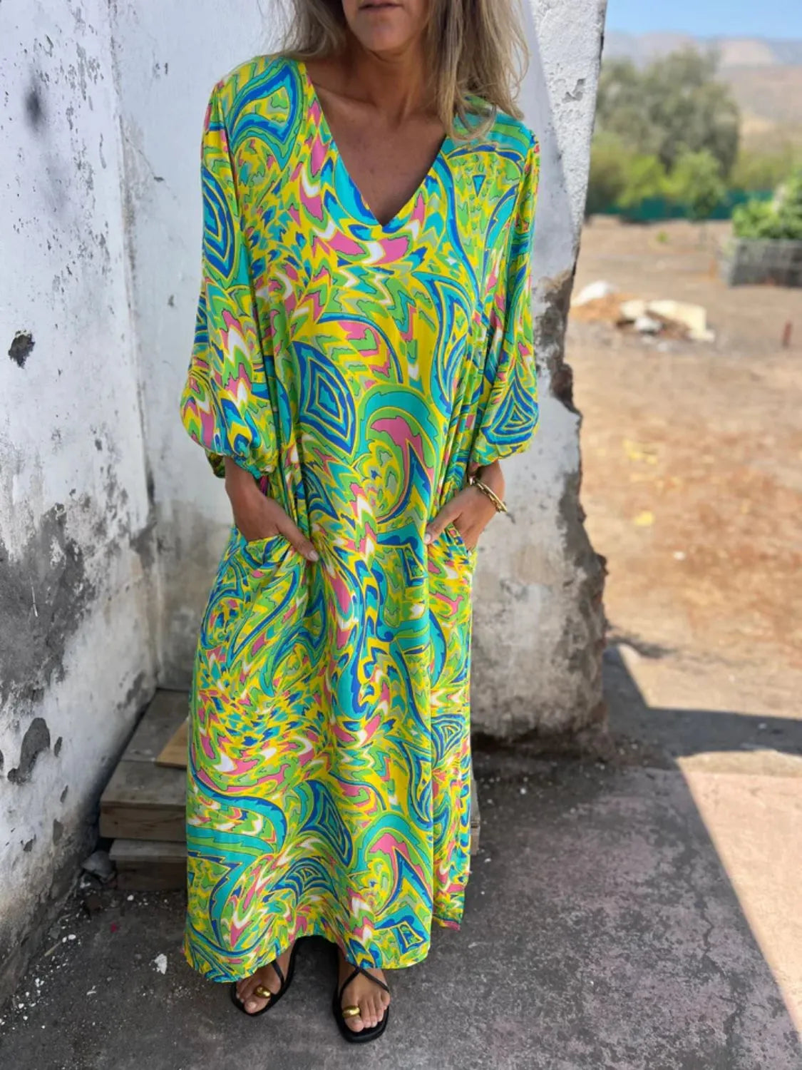 Full Size Printed V-Neck Dress with Pockets Plus Size - Velora Luxury Fashion