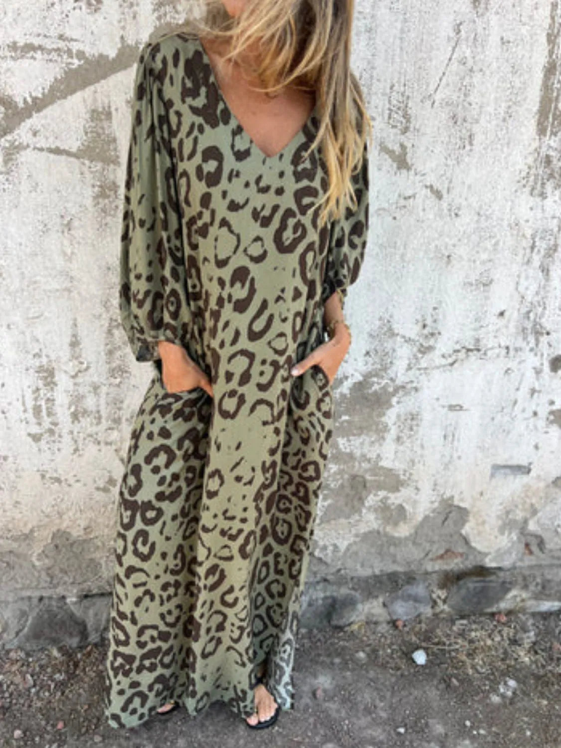 Full Size Printed V-Neck Dress with Pockets Plus Size - Velora Luxury Fashion