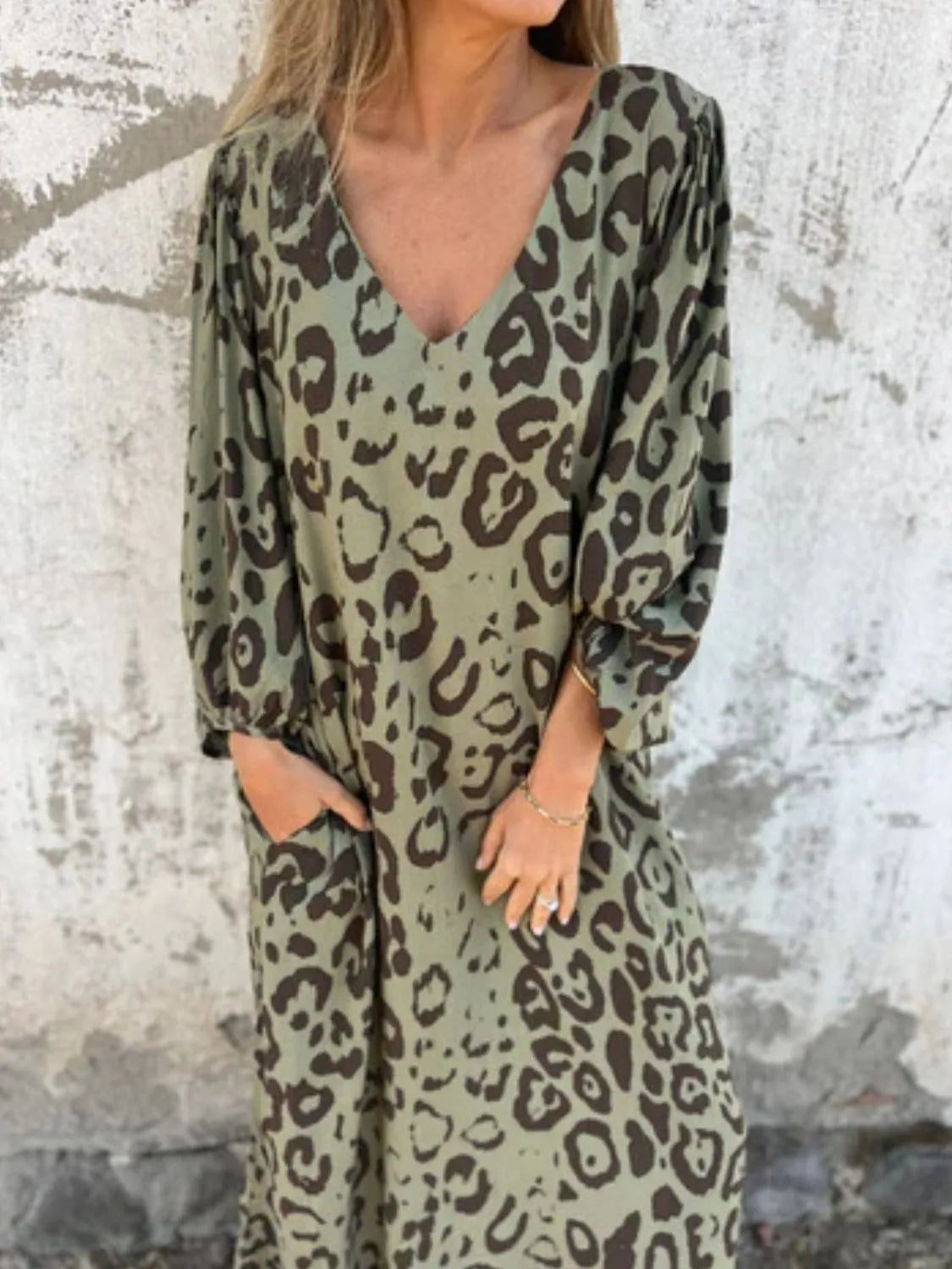 Full Size Printed V-Neck Dress with Pockets Plus Size - Velora Luxury Fashion