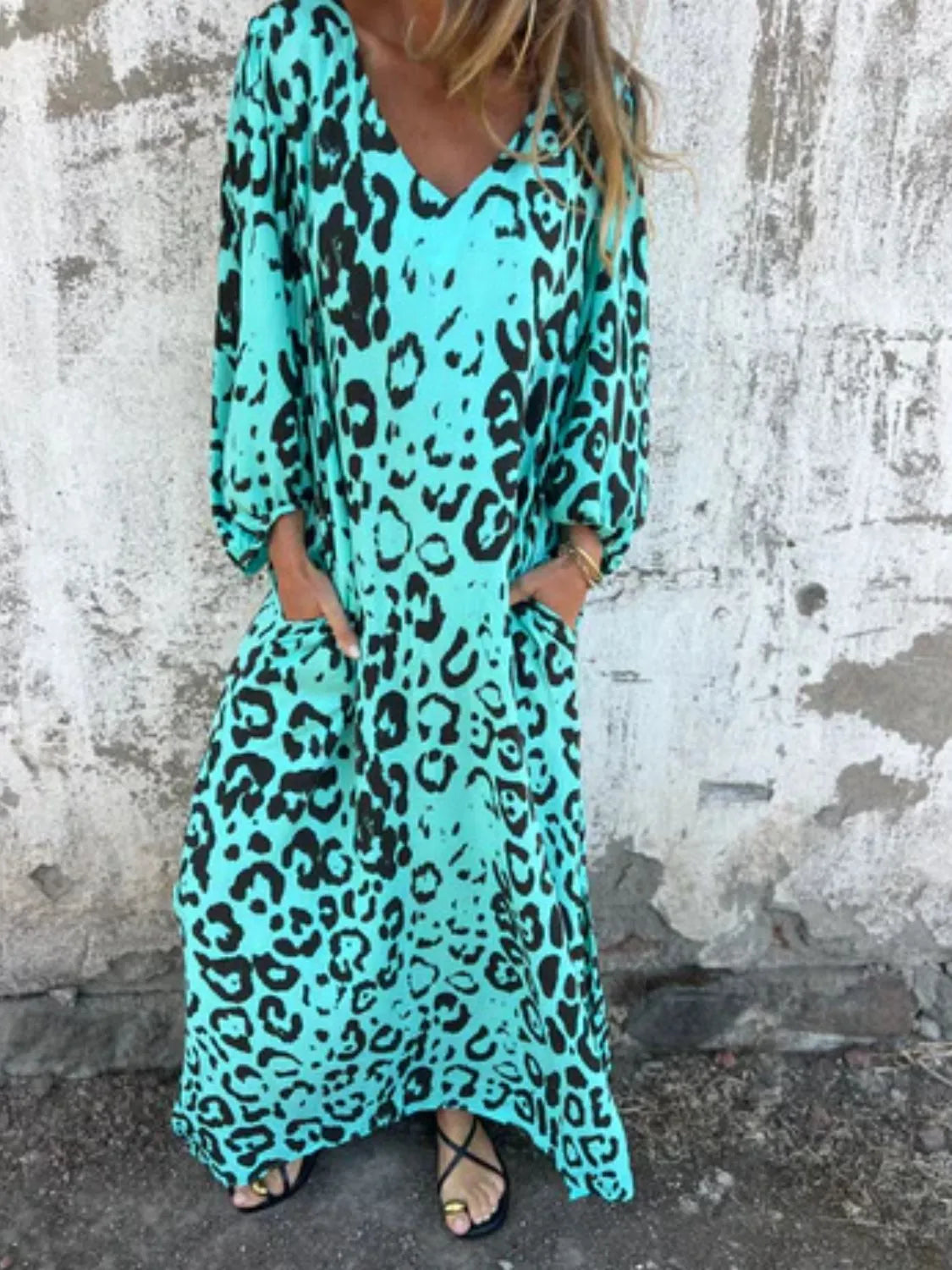 Full Size Printed V-Neck Dress with Pockets Plus Size - Velora Luxury Fashion