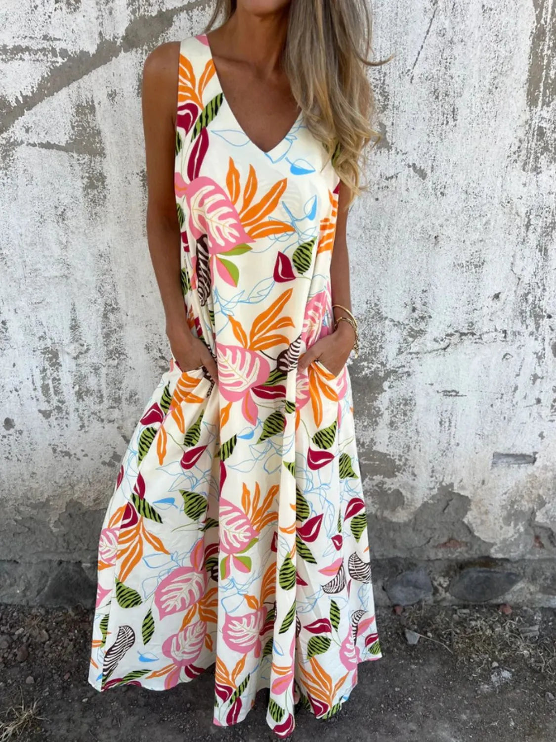 Full Size Printed V-Neck Sleeveless Dress Plus Size - Velora Luxury Fashion