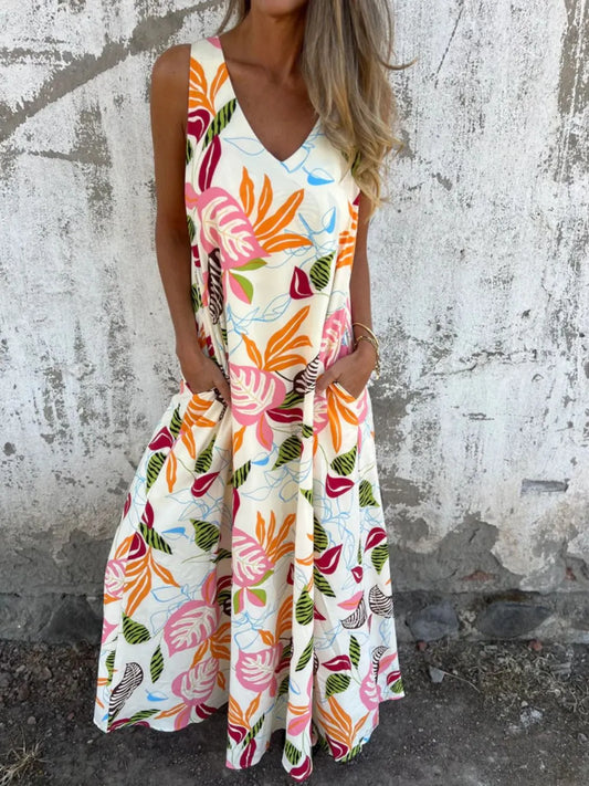 Full Size Printed V-Neck Sleeveless Dress Plus Size - Velora Luxury Fashion