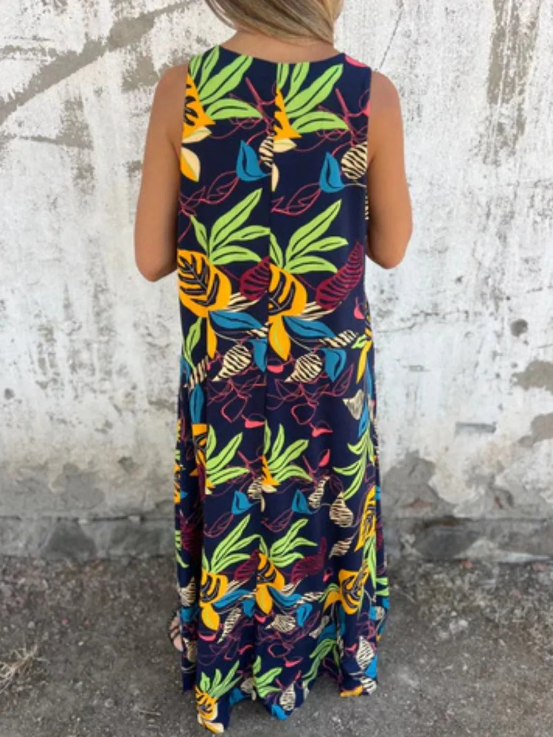 Full Size Printed V-Neck Sleeveless Dress Plus Size - Velora Luxury Fashion